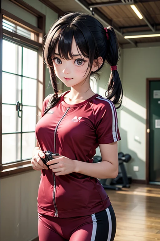 Two knots,girl,Pigtails,Hair tied in two ponytails at the back of the head,Primary school students,Smiling,Black Hair,clear,gunを持っている,Troubled face,gun,Beretta M92F,自動小gunを持っている,gunを両手に持っている,Troubled face,Sad face,Gym suit
