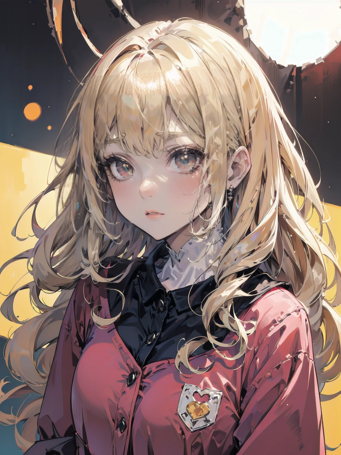 Dots are、Bright pink cheeks、she has chin-length, curly, golden blonde hair with wavy bangs.、she&#39;Dark skinned girl。. she is wearing a bright red headband with a ribbon on the right side of her head.. Dots are、she wears a shiny pastel blue and scarlet red dress with a small ribbon belt around her waist。, white collar, 4 crimson buttons, Bright red lining. sheのドレスの下には赤と淡いブルーのチュールスカートがある.. she also、Red top with white socks、she is wearing carnation pink high-top sneakers with bright red shoelaces.。. Shine; Glitter