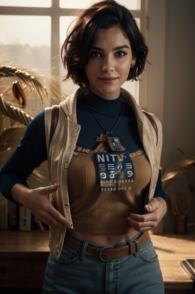 A young girl in realistic portrait of high quality and detail, movie style, younger face, (realistic face), (dark blue hair, short hair:1.3), beautiful hairstyle, realistic eyes, beautiful dark green detailed eyes, (realistic skin), beautiful skin, She is wearing a hoodie and sleeveless, Belle (Zenless Zone Zero), happy face, glow, eye shadow, 1girl, Depth & Perspective, smiling on her face, fine face, she is standing in the video rental salon, a showcase with VHS tapes in the background, indoors, sunlight from windows, looking at viewer, (ultra-high detail:1.2), Masterpiece, Best Quality, Ultra-detailed, Cinematic lighting, 8K, delicate features, cinematic, 35 mm lens, f/1.9, highlight lighting, global lighting –uplight –v 4, cinematic, Cinematic lighting, 8K, high quality, Highest Quality, (Solo Focus), (extremly intricate:1.3), (Realistic), masterful, Analog style, (Film grain:1.5), (warm hue, cold tone),