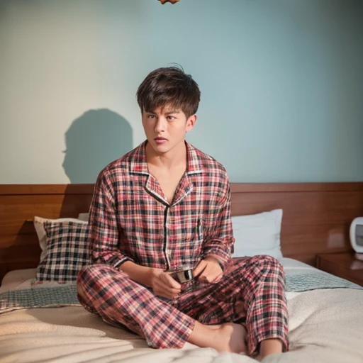 Young man wearing pajamas sitting on the bed,He had an alarm clock in his hand and was about to use a hammer to break the alarm clock.,Very angry face