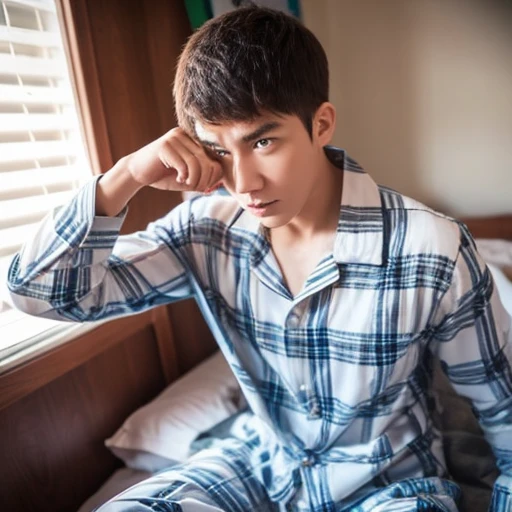 Young man wearing pajamas sitting on the bed,He had an alarm clock in his hand and was about to use a hammer to break the alarm clock.,Very angry face