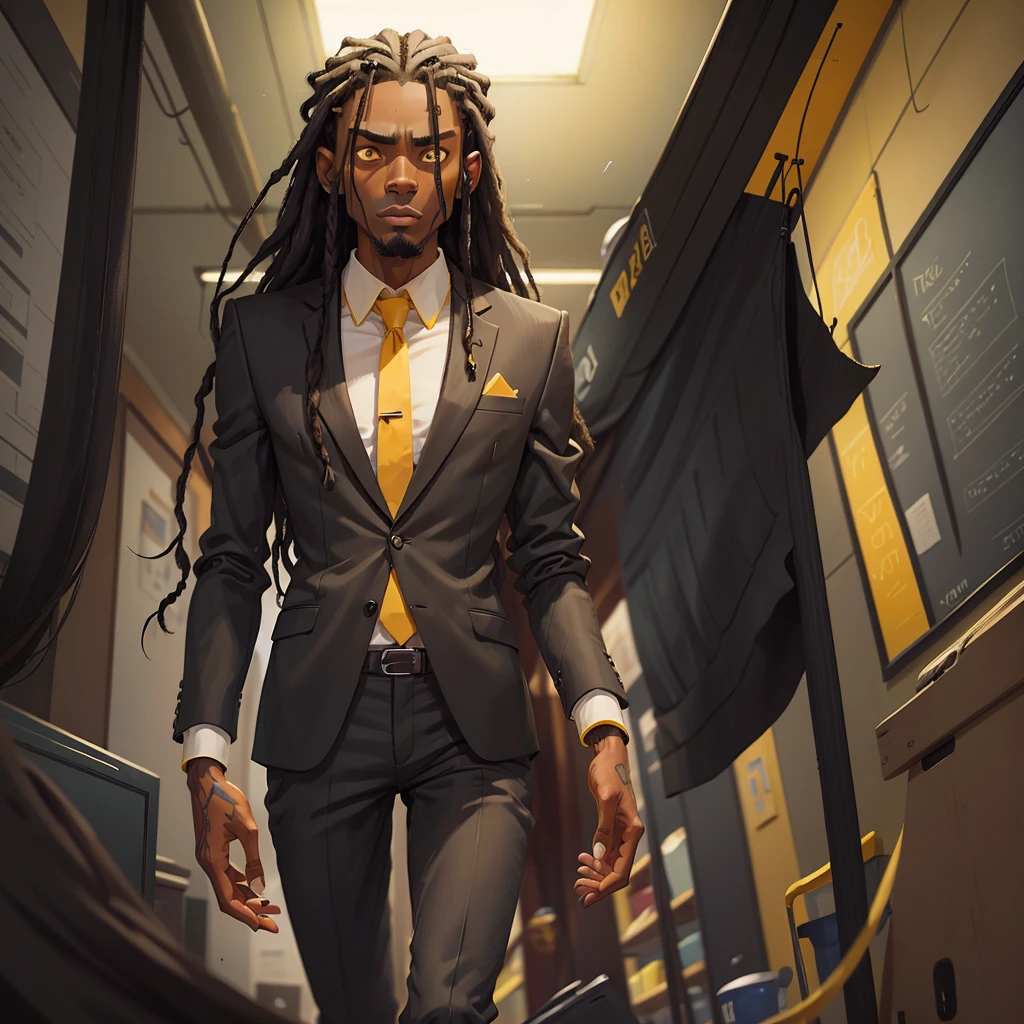 A thin black man with long dreadlocks, yellow eyes, wearing a stylish gray suit, standing in a dark office