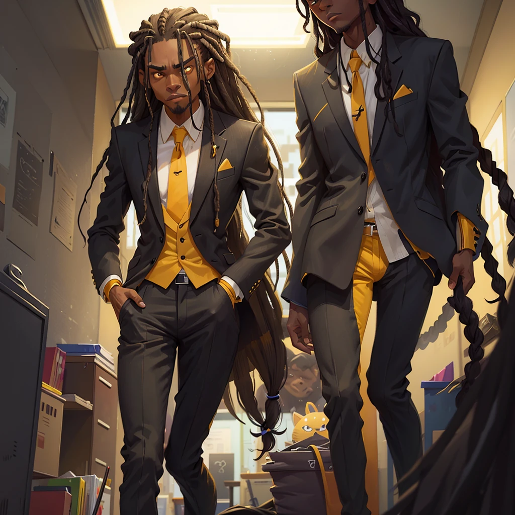 A thin black man with long dreadlocks, yellow eyes, wearing a stylish gray suit, standing in a dark office