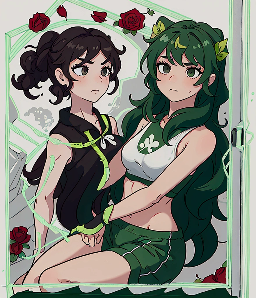 green leaf hair, black eyes, Sportswear, Curly hair, Red roses on the head, confidence, effort, brave,Correct proportions, Cartoon IP image