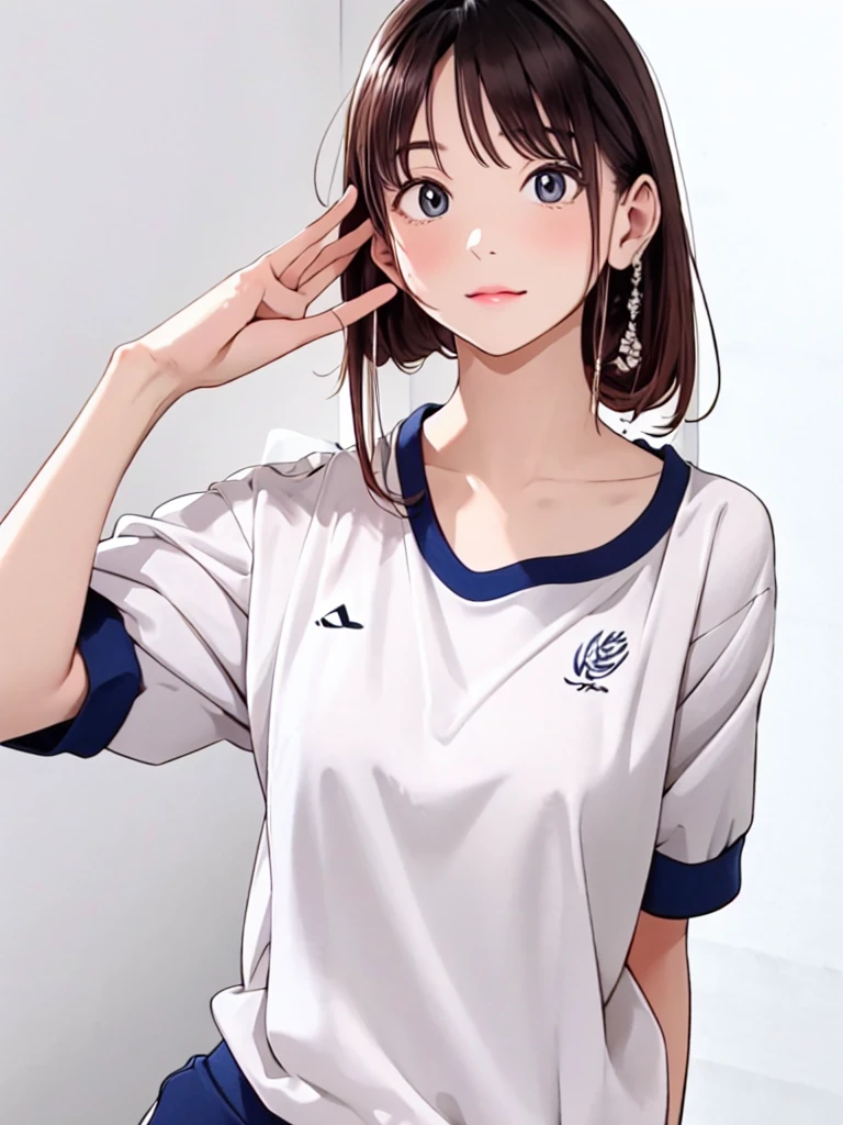 masterpiece, best quality, highres,30-year-old,Sexy pose,Unusually beautiful and large eyes,A well-balanced and toned body,hanazawakana,(buruma:1.5),blue buruma,gym uniform,simple background,standing,betterhand,