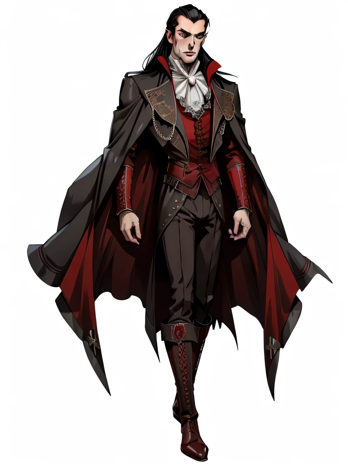 Strahd von Zarovich, vampire, long hair, male focus, full body portrait, widow's peak, forehead, steampunk coat, red high-collared shirt, high collar, red undercoat, pants, solo, blank background, white background, gothic fantasy art, high laced boots, realistic eyes