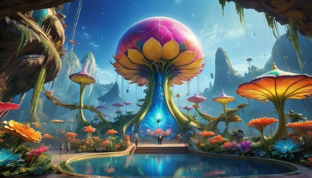 amusement park,Surreal and exotic landscapes，Beautiful everywhere、Vibrant、colorful。On the screen々Strange alien flowers of all shapes and sizes are projected.，A wide variety of tasty alien fruits。Best image quality，Resolution is 4K or 8K，Capture every detail perfectly。The pictures are very detailed，Presented in a realistic way，Delivering a truly immersive experience。This work combines illustration techniques with 3D rendering..，Visually stunning、A work of excellent craftsmanship。Bright colors，Enhance the surreal atmosphere of the landscape。The lighting design is very detailed，Expressing complex changes in light and shadow，Add layers and depth to your scenes。This work arouses curiosity and awe in the viewer.。.。，Take your audience into a magical, surreal world，Where natural beauty takes on a whole new meaning。