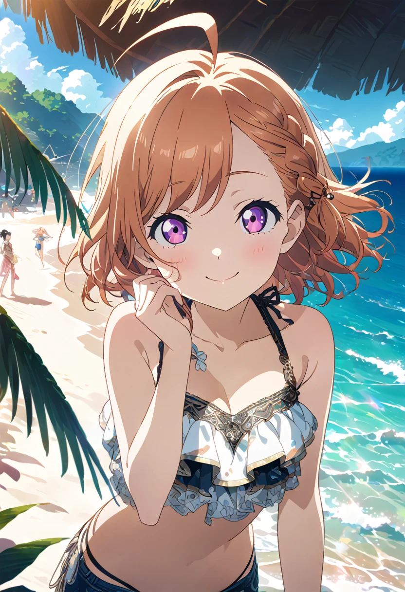 TakamiChika, pale orange hair, medium hair, ahoge, pink eyes, small braid, masterpiece, best quality, high quality, detailed, ultra detailed, hyper detailed, insanely detailed, exquisite, beautiful, beach, , happy, smiling, wink, standing, looking at viewer, big eyes, bikini, piercing, on the beach, in the afternoon, cute, beautiful, cel anime, 2d anime, anime, half body photo, closeup shot, front view, golden ratio, sunlight Put your hands together over your head,