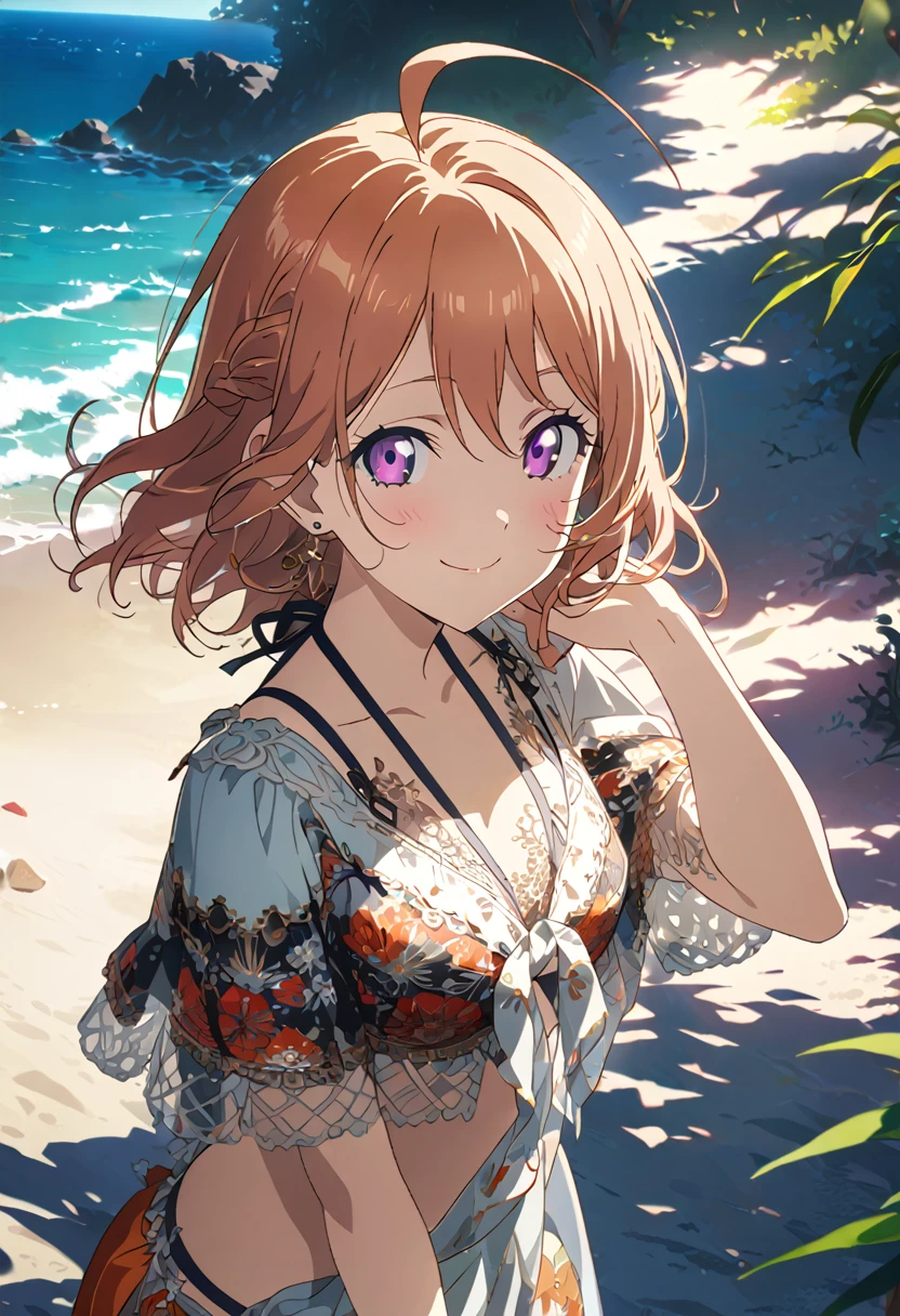 TakamiChika, pale orange hair, medium hair, ahoge, pink eyes, small braid, masterpiece, best quality, high quality, detailed, ultra detailed, hyper detailed, insanely detailed, exquisite, beautiful, beach, , happy, smiling, wink, standing, looking at viewer, big eyes, bikini, piercing, on the beach, in the afternoon, cute, beautiful, cel anime, 2d anime, anime, half body photo, closeup shot, front view, golden ratio, sunlight Put your hands together over your head,