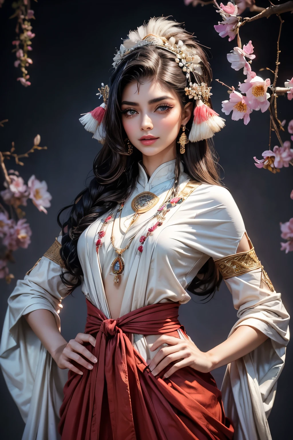 score_9, score_8_~ over, score_7_~ over, score_6_~ over, classification_clear, 1 girl, ((25 years:1.2)),(best quality,high resolution,Ultra - Detailed,In fact), BEAUTIFUL girl, (native sakha girl:1.4), adult, full lips, big bright eyes, (Native sakha) ,(native sakha flowers:1.4), (facial details: 1.5, bright BLACK, PINK, eyes, beautiful face, pretty eyes, iris coating, Small lips: 1.5, SCULPTURAL BODY PERFECT body, HANDS ON HIPS, pale and sharp eyebrows, long, dark eyelashes, double tap),(Perfect hand detail : 1.4 ), UPPER body, Claudia Wells, traditional indian clothing., smile happy