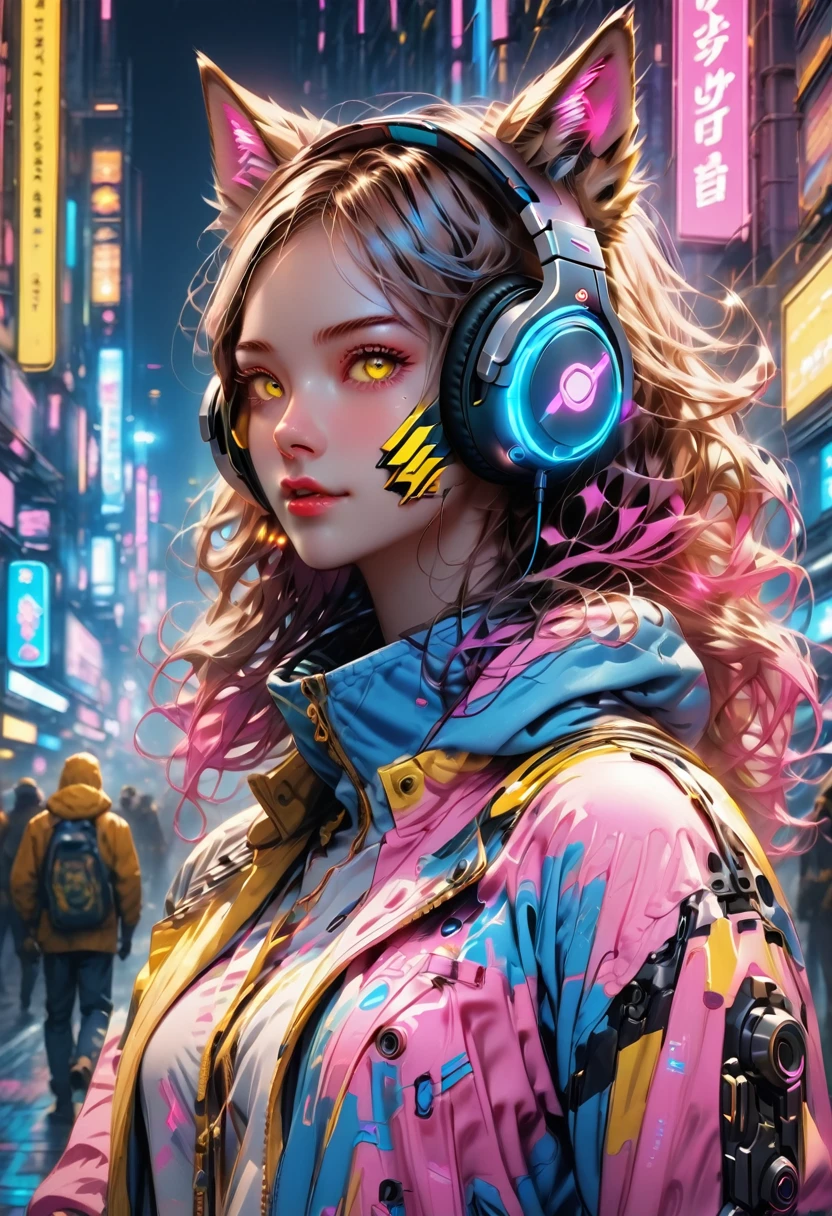 Create an image of a character in cyberpunk style, inspired by anime, with the following details:
charachter: A young hacker wearing a robotic wolf mask, with bright, expressive yellow eyes.
Accessories: Technological headphones with the 'WIRED' logo, a black jacket with red details, and a t-shirt with a technology symbol.
enviroment: A futuristic high-tech setting, with computer monitors displaying codes and blue and pink neon lights, suggesting a hacking operations room.
artwork style: Anime style with detailed strokes, pronounced shadows, and vibrant colors, especially in character and background details."