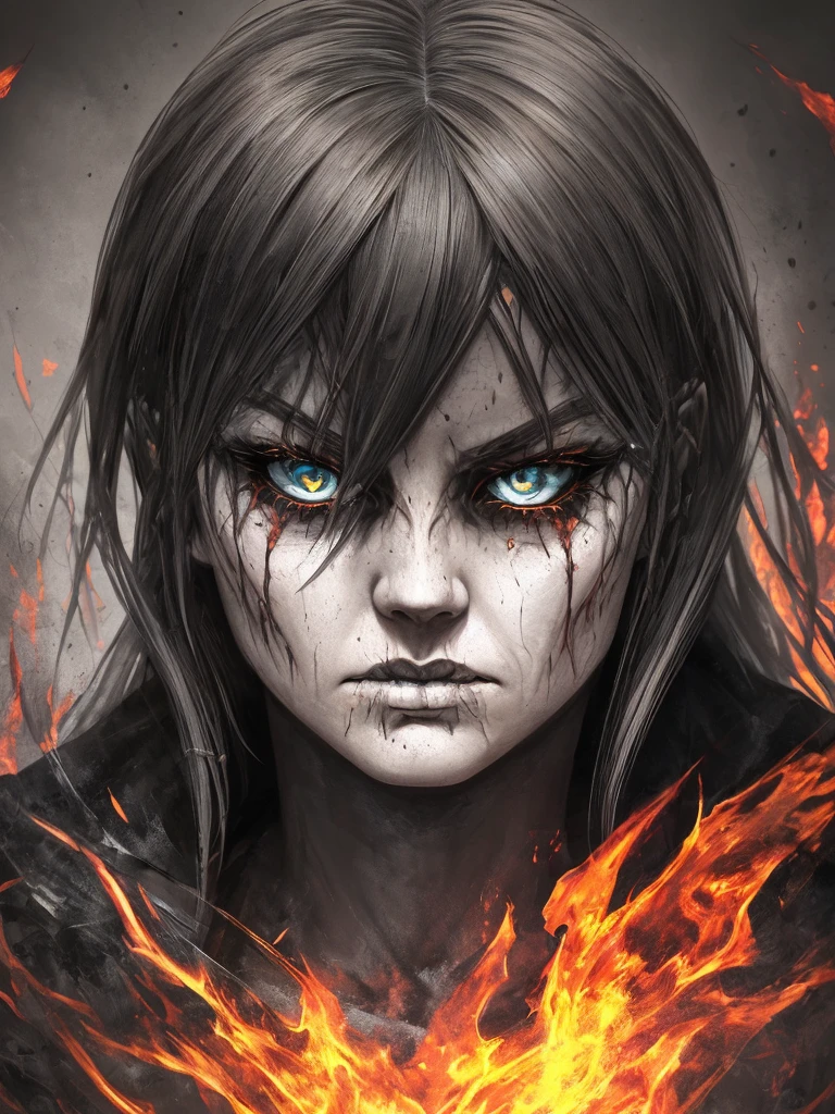 scary folder,Estilo Charlie Bowater,digitalpainting,hellcore,fire,very scary female,spooky face,haunted,horor,forlorn,detailded,dynamic lighting,best qualityer,4K,UHD – automatic