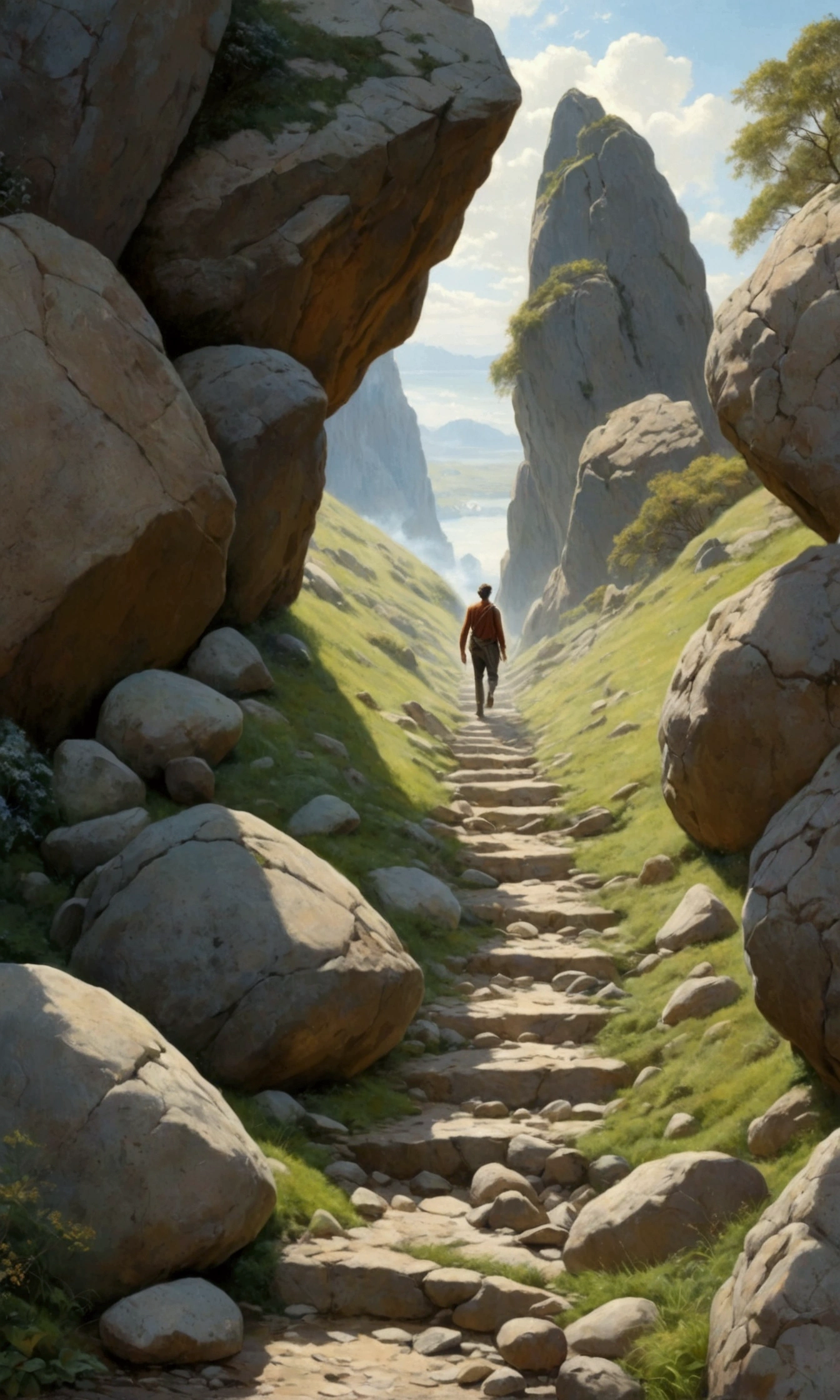 the same human figure but stumbling on a path full of rocks