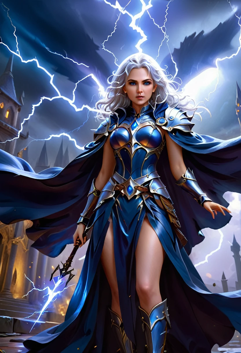 arafed high details, best quality, 16k, (ultra detailed: 1.5), masterpiece, best quality, (extremely detailed), dynamic angle, ultra wide shot, photorealistim, RAW, fantasy art, dnd art, fantasy art, realistic art, a wide angle picture of a female aasimar sorceress casting a lightning spell, full body  (intense details, Masterpiece, best quality), D&D aasimar, exremley beautiful female aasimar, silver hair, long hair, wavy hair, dynamic eyes color, angelic eyes, radiant magical eyes, ultra detailed face (intense details, Masterpiece, best quality), spread angelic wings, white angelic wings (intense details, Masterpiece, best quality),  wearing [black] robe, wearing blue cloak, long cloak, flowing cloak with lightning motifs (intense details, Masterpiece, best quality), armed with magical staff (intense details, Masterpiece, best quality), manipulating lightning magical energy (intense details, Masterpiece, best quality), controlling lightning, dark fantasy magical tower background, evil temple background (intense details, Masterpiece, best quality), rpg portrait, LightningMagicAI, feathered wings
