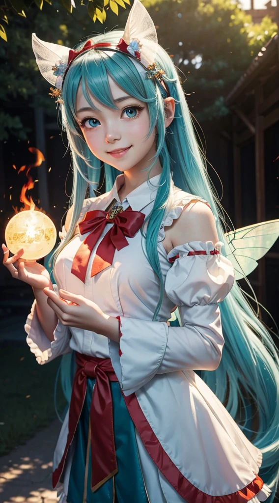 ((masterpiece)), 1girl, solo, holds a fire orb in hands, smile, looking at viewer, ((ultra detailed:1.1)), (((hdr))), Cute face, sunny milk, Hatsune Miku,two side up,headdress,fairy wings,fang,blue eyes,red bow,white shirt,yellow ascot,juliet sleeves, wide sleeves,puffy short sleeves,sash,red skirt,Range Murata 