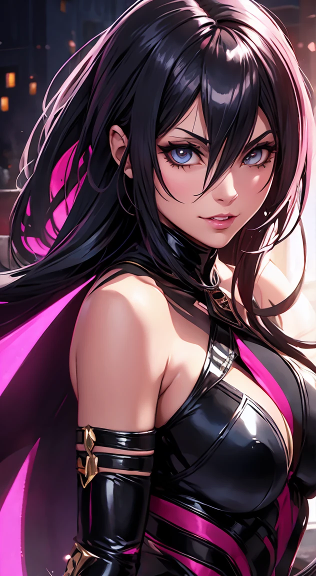 Create a realistic, Mileena&#39;s vibrant and detailed 3D artwork, the Empress of Outworld from Mortal Kombat, as a belly dancer. She should have a beautiful face with normal human eyes and Arabic eye makeup, wearing a magenta velvet-chiffon-silk satin bra with gold coin detailing and black leggings with gold hip chains. Accessorize Her with Gold Jewelry, shiny bracelets, and ankle chains. She should dance with an Arabian scimitar sword in an inner palace