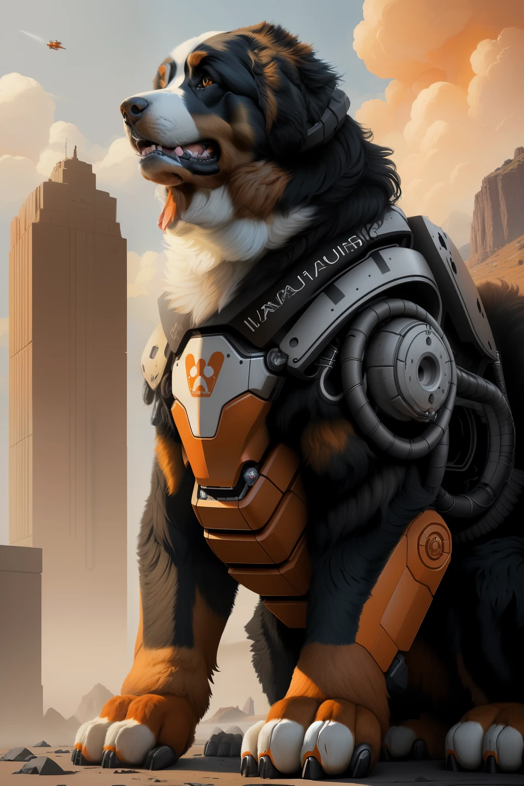 A giant quadrupedal Bernese Mountain Dog, with mechanical body parts, orange dog paws with white tips, highly detailed digital painting, art by istvan sandorfi and greg rutkowski