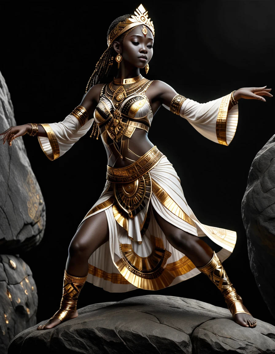 dvr-frft, monochrome, full body, Low Angle shot, a young priestess dance on a rock outside, black background, rich details, detailed face, some golden light, 