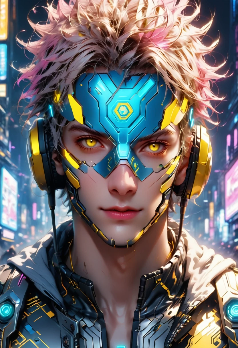 Create an image of a male character in cyberpunk style, inspired by anime, with the following details:

charachter: A young hacker wearing a robotic wolf mask, with bright, expressive yellow eyes.
Accessories: Technological headphones with the &#39;WIRED&#39; logo, a black jacket with red details, and a t-shirt with a technology symbol.
enviroment: A futuristic high-tech setting, with computer monitors displaying codes and blue and pink neon lights, suggesting a hacking operations room.
artwork style: Anime style with detailed strokes, pronounced shadows, and vibrant colors, especially in character and background details."