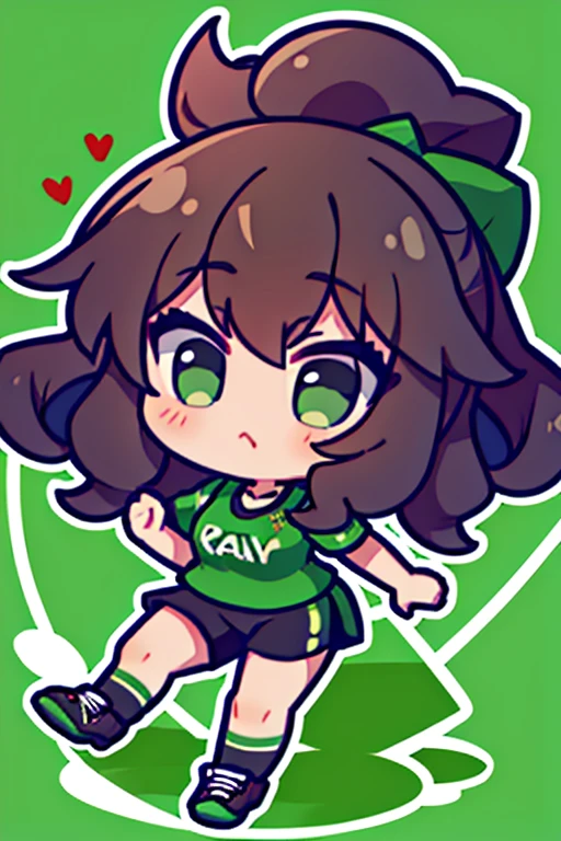 green leaf hair, black eyes, Sportswear, Curly hair, Red roses on the head, confidence, effort, brave,Correct proportions, Cartoon IP image