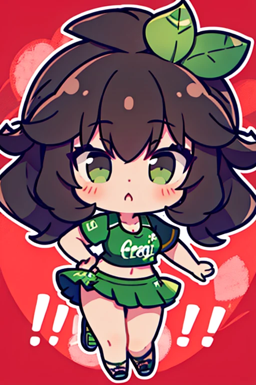 green leaf hair, black eyes, Sportswear, Curly hair, Red roses on the head, confidence, effort, brave,Correct proportions, Cartoon IP image