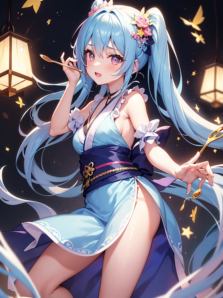 A young woman with light blue hair, star-shaped hair clip. Her hair is long and straight, with playful, expressive strands that add movement and dynamism to the piece, eating cake. Her eyes are wide and sparkling, with heart-shaped pupils that reflect the joy and excitement of her birthday. The blush on her cheeks is a soft pink, revealing her happiness and slight embarrassment at being the center of attention. She's holding a spoon with a pice cake, her excitement almost palpable, enjoy the cake. adhering to a high-quality Anime style, kimono, from the side. The piece should be in Ultra High Definition, with a resolution of 8K, making it a true masterpiece. Pay attention to anatomical correct(2), ensuring that the character's pose and proportions are accurate and believable. The skin should be textured, with high details that give a sense of realism to the Anime style. The final artwork should be of the best quality and extremely high-resolution, making every, light blue hair, Conceptual art, anime, anime style, pov, multiple views, UHD, masterpiece, accurate, anatomically correct, textured skin, super detail, high details, high quality, award winning, best quality, highres, 8k