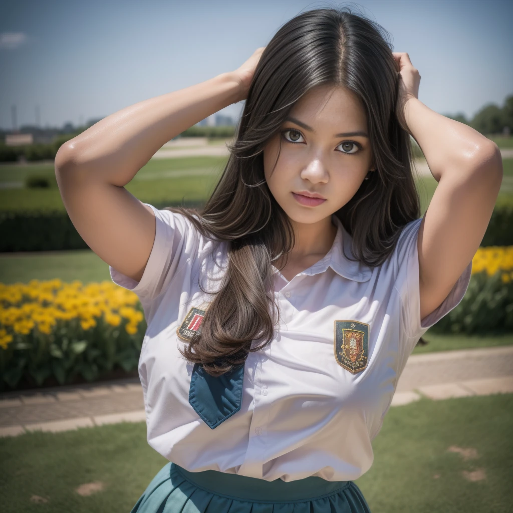 1girl, (uniform), standing, outdoors, detailed Metropolitan city at the background, (above head shot: 1.4), detailed face, detailed eyes, brunette, big breasts, smooth realistic skin, semi-curvy body, white shirt, grey blue hot miniskirt , looking at the audience, Full body view, (8k, RAW photo, best quality, masterpiece: 1.2), (realistic, realistic: 1.37), ultra-high resolution