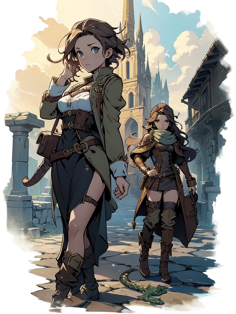 Game art design, Traveling Octopath 2, 1 girl, The Serpent&#39;s Throne, (standing alone:1.4), 1 girl,  Bblack hair, medium breasts, neckleace, clavicle, corset, dagger, High Heeled Boots, holding dagger, jewerly, knee boots, necklase, short hair poncho, Sideslit, dynamic pose, extremly detailed face and eyes, absurdists