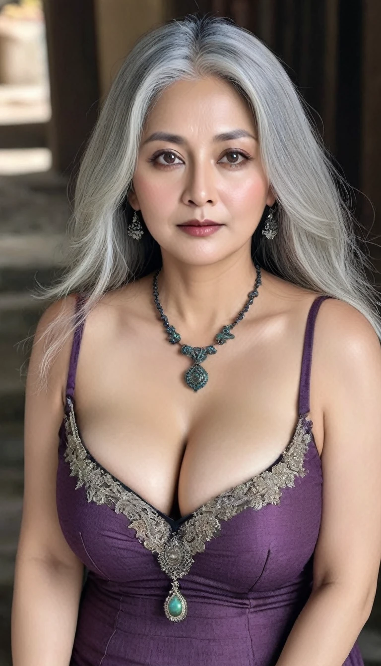 ((Very realistic))、Delicate and precise expression、50 year old indian witch、Fluffy blonde、(Chubby body type)、((Very large breasts))、Big cleavage、Deep neckline、(((A witch who lives in the ruins of a very old temple..)))、Very sexy middle-aged witch、