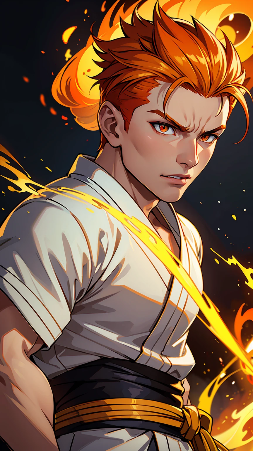 a muscular young man with orange hair and orange eyes, wearing a white kimono with golden details, using powerful fire abilities, the fire covers the entire image, undercut hair, detailed portrait, high definition, 8k, realistic, photorealistic, vibrant colors, dramatic lighting, masterpiece, fire in turn of image, fire background, angry, fury.