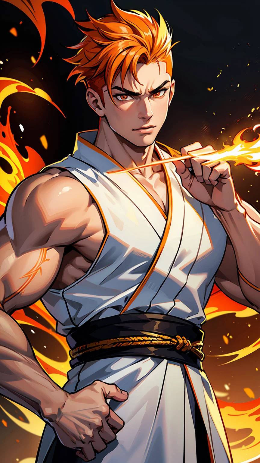 a muscular young man with orange hair and orange eyes, wearing a white kimono with golden details, using powerful fire abilities, the fire covers the entire image, undercut hair, detailed portrait, high definition, 8k, realistic, photorealistic, vibrant colors, dramatic lighting, masterpiece, fire in turn of image, fire background, angry, fury.