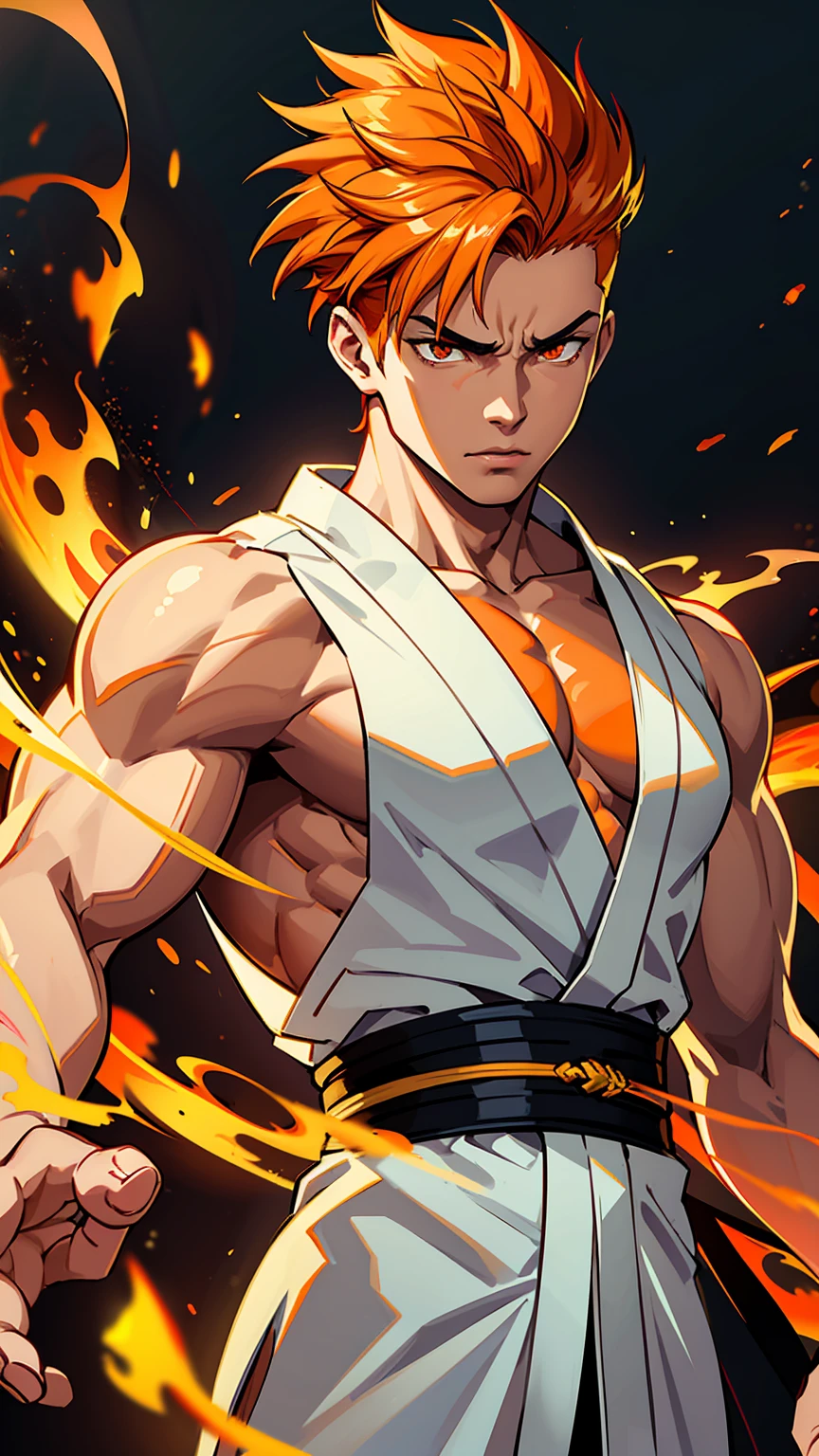 a muscular young man with orange hair and orange eyes, wearing a white kimono with golden details, using powerful fire abilities, the fire covers the entire image, undercut hair, detailed portrait, high definition, 8k, realistic, photorealistic, vibrant colors, dramatic lighting, masterpiece, fire in turn of image, fire background, angry, fury.