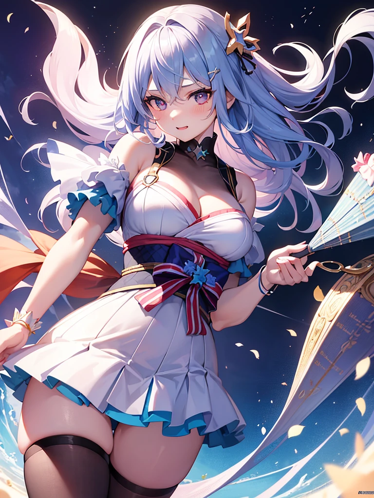 A young woman with light blue hair, star-shaped hair clip. Her hair is long and straight, with playful, expressive strands that add movement and dynamism to the piece, eating cake. Her eyes are wide and sparkling, with heart-shaped pupils that reflect the joy and excitement of her birthday. The blush on her cheeks is a soft pink, revealing her happiness and slight embarrassment at being the center of attention. She's holding a spoon with a pice cake, her excitement almost palpable, enjoy the cake. adhering to a high-quality Anime style, kimono, from the side. The piece should be in Ultra High Definition, with a resolution of 8K, making it a true masterpiece. Pay attention to anatomical correct(2), ensuring that the character's pose and proportions are accurate and believable. The skin should be textured, with high details that give a sense of realism to the Anime style. The final artwork should be of the best quality and extremely high-resolution, making every, light blue hair, Conceptual art, anime, anime style, pov, multiple views, UHD, masterpiece, accurate, anatomically correct, textured skin, super detail, high details, high quality, award winning, best quality, highres, 8k
