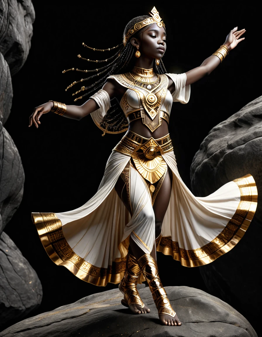 dvr-frft, monochrome, full body, Low Angle shot, a young priestess dance on a rock outside, black background, rich details, detailed face, some golden light, 