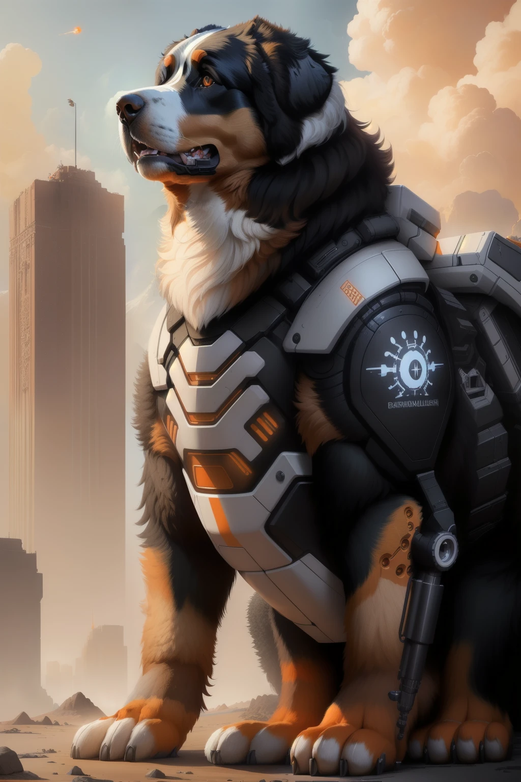 A giant quadrupedal Bernese Mountain Dog, with mechanical body parts, orange dog paws with white tips, highly detailed digital painting, art by istvan sandorfi and greg rutkowski
