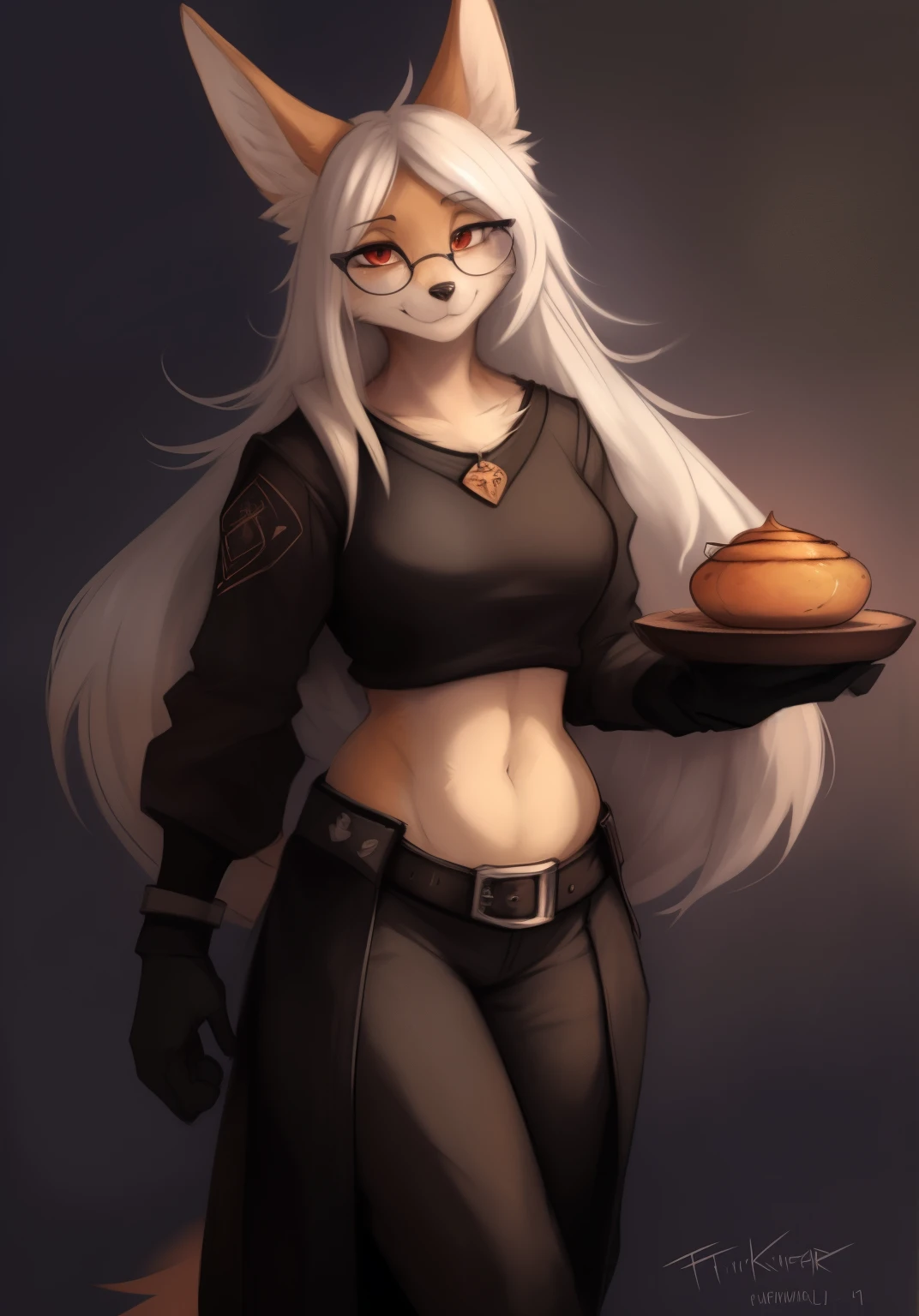 by Zackary911, by Kenket, by Kilinah, by fluff-kevlar, anthro, mommy female fennec fox, solo, long white hair, full body, one big tail, dark background. dark priest with balck and red cloack open belly, round glasses, full body concept, realism, reference, red eyes