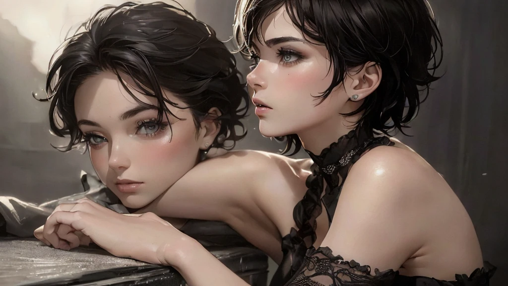 (Highest quality, Tabletop:1.2, Ultra-high resolution, Realistic:1.5), RAW Photos, One Girl, Off the shoulder, In the Dark, Deep Shadow, Low lighting, Cool tones, Captivating Gaze, short hair, Foggy atmosphere, Mysterious atmosphere, Subtle highlights, Dramatic contrast, Elegant pose, Intense emotions, Heavenly Beauty, enchanting darkness, Attractive expression