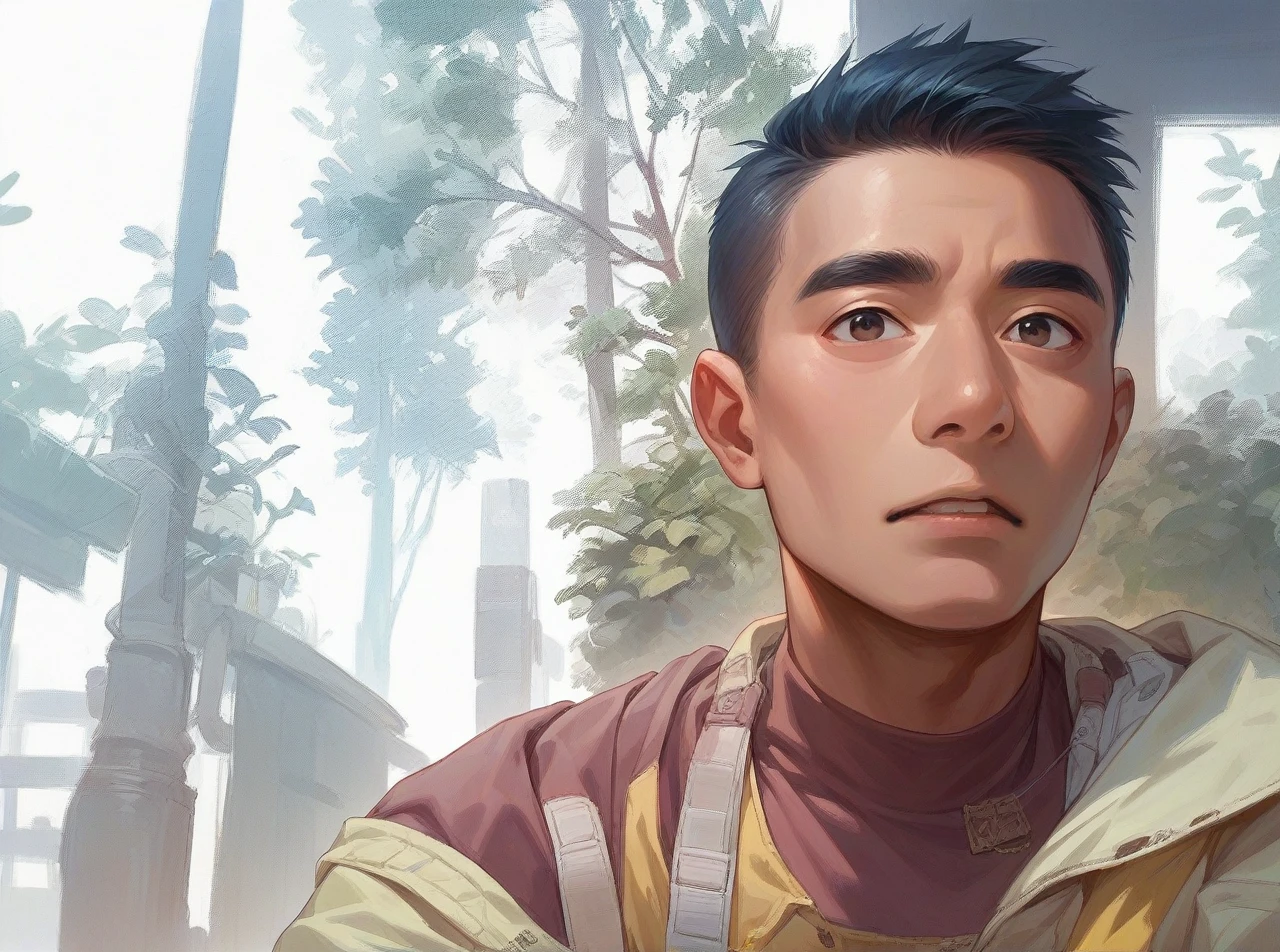 Realistic 3D caricature of an Indonesian man with Korean style hair wearing green and yellow clothes