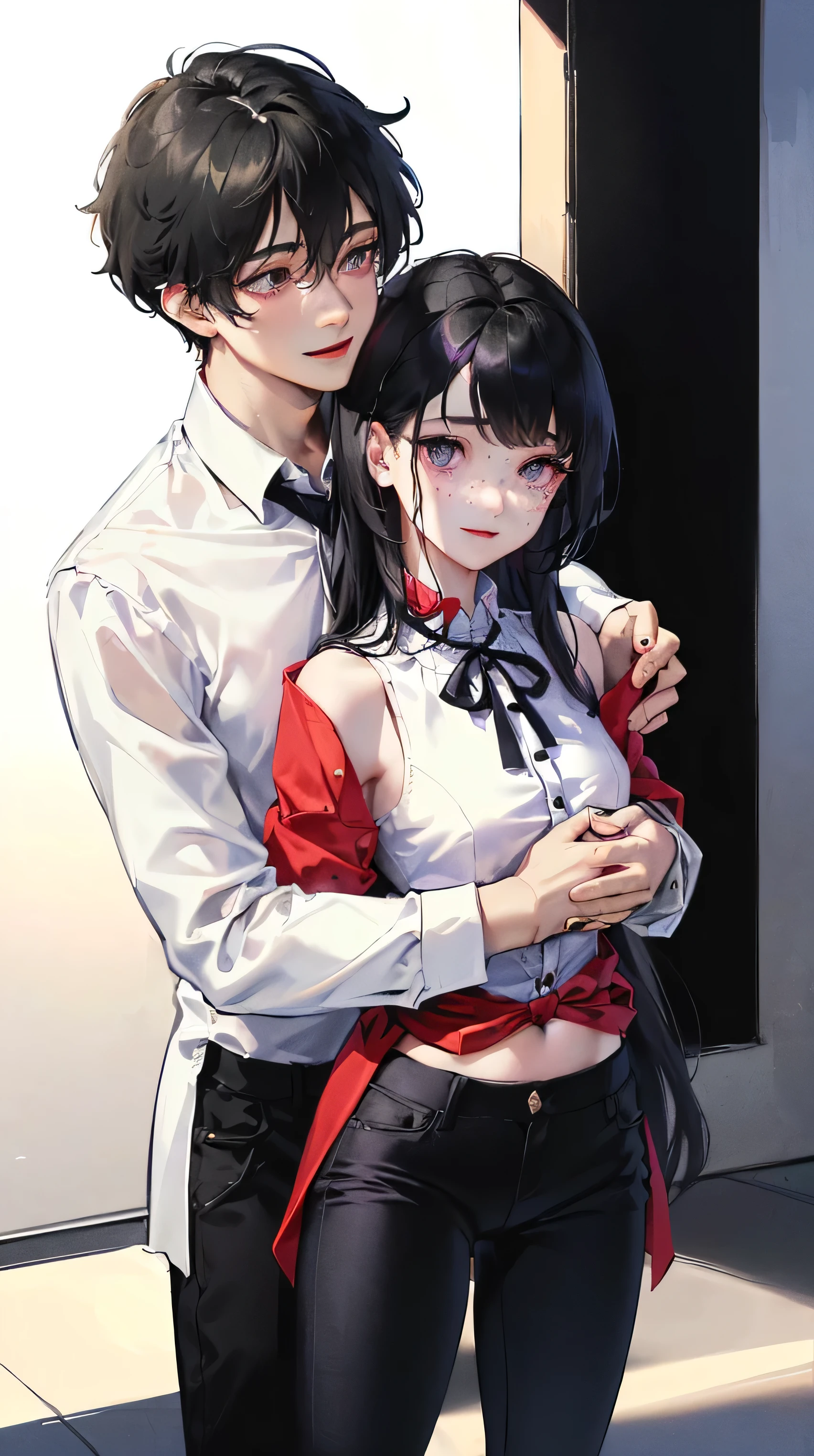 absurdres, uhd, 16k, Masterpiece, best quality, high quality, ultra detailed, 1girl, ((long straight hair)), straight bangs, ((purple eyes)), freckles on her face, smile, (((she is wearing a white mini dress))), vest, (((hugging to her chest 1boy with short messy black hair and a white shirt with black pants))), his eyes are blue