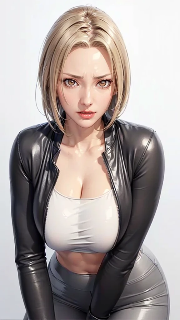 (((Perfect body,White and tender skin,(((black leggings,Black leather jacket,Wear a white tube top ))),(((T5un4D3, Light yellow long hair, blue purple mark on forehead, light yellow thin short eyebrows, bright brown pupils, light red lips))),((masterpiece)),high resolution, ((Best quality at best)),masterpiece,quality,Best quality,((( Exquisite facial features,Looking at the audience,There is light in the eyes,Smile))),))),(((Light and shadow,Huge breasts,))),(((Looking at the camera,black background,)))),