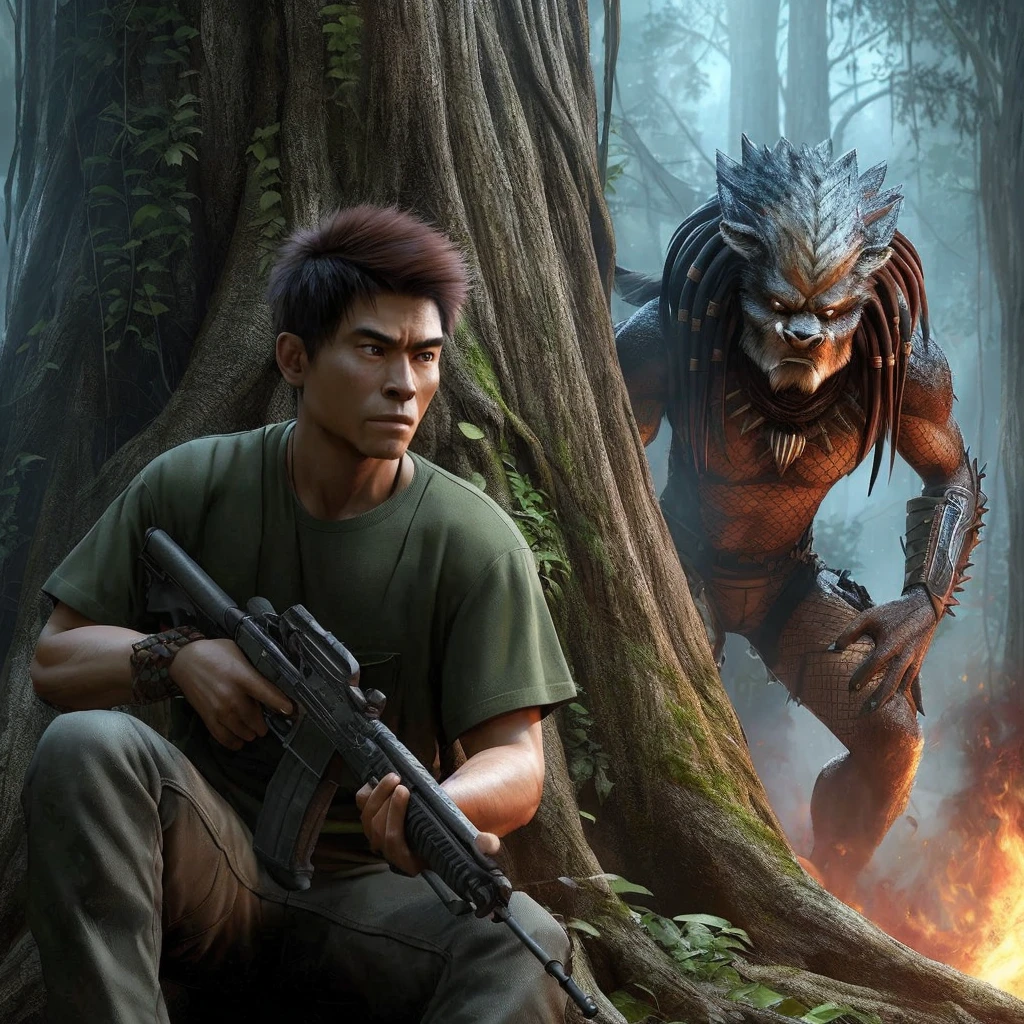 3d hyper realistic ,Sneak behind a big old tree, asian male character ,25 years old, rambut short and spiky, wearing an army green t-shirt, holding (weapon). the background is a Predator in a dark foggy forest with fire and smoke. (art style), hyper realistic, Ultra detailed, UHD, 4k