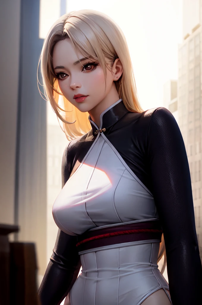 Jinah, a young Korean samurai woman in her twenties, possesses an imposing yet graceful presence. Her long hair, styled like that of a kunoichi, is platinum blonde. Her deep brown eyes, almost black, hold a wise and determined gleam. Her face is fine and well-defined, reminiscent of Korean K-pop idols. Her expression is serious but can soften in the presence of those she protects. Her skin is fair and pale. She has an athletic and well-proportioned physique, with a few pleasant feminine curves. She is dressed as an samurai without sexiness. Ambiance sombre by Yang J, Guweiz, (best quality, 4k, highres, masterpiece:1.2), ultra-detailed, (realistic, photorealistic:1.37), HDR, UHD, studio lighting, ultra-fine painting, sharp focus, physically-based rendering, extreme detail description, professional, vivid colors, bokeh, portraits, landscape, horror, anime, sci-fi, photography, concept artists, vibrant color tones, atmospheric lighting