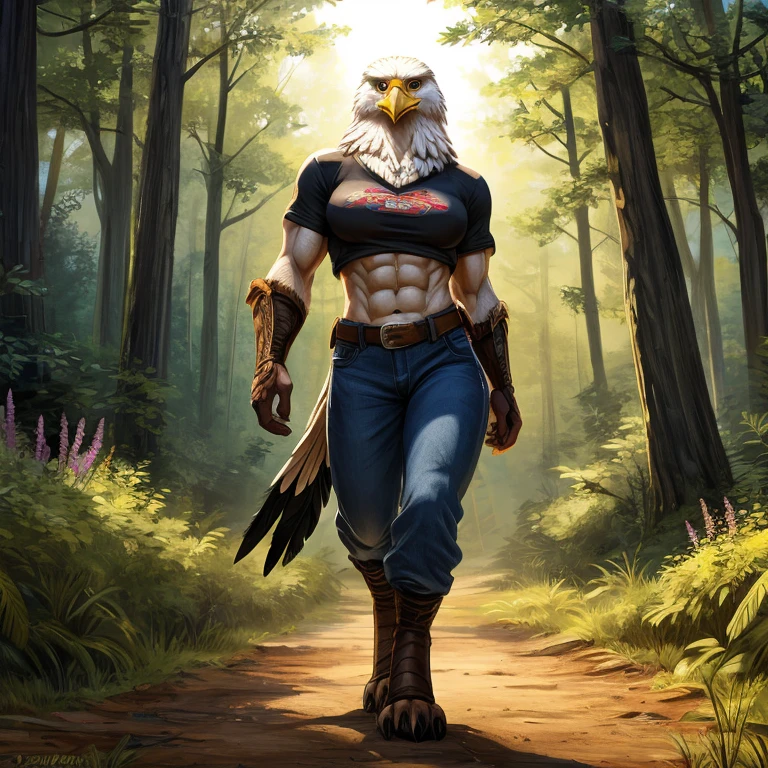 One Eagle, Masterpiece, best quality, feathers on her body, comic book style, illustration, solo, abs, ferocious, feminine body, [[badass pose]], masterpiece, best art, full body, digitigrade, wears farmer pants and shirt, detailed hands, tall, detailed eyes, standing in the forest, sunny day