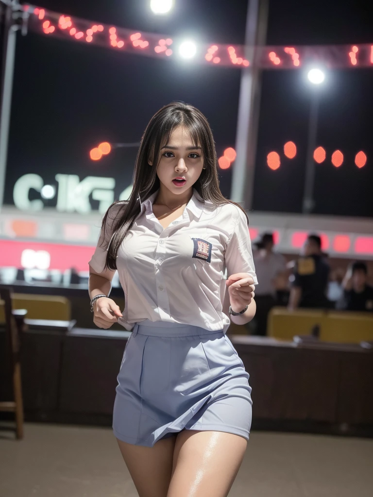1girl, solo, (uniform), at night club, detailed realistic city scenery at the background, angry face, thick breasts, smooth skin, tight white shirt, grey blue short skirt, looking at the audience, (zoom out:1.4), (8k, RAW photo, best quality, masterpiece: 1.3), (realistic, realistic: 1.37), ultra-high resolution