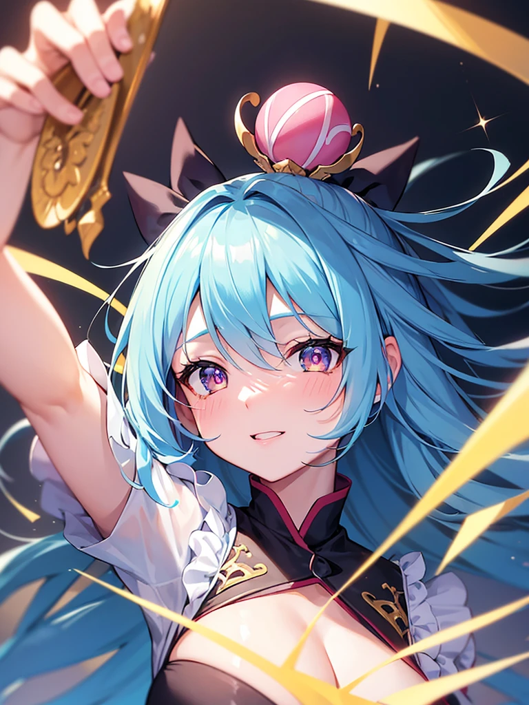A young woman with light blue hair, star-shaped hair clip. Her hair is long and straight, with playful, expressive strands that add movement and dynamism to the piece, eating cake. Her eyes are wide and sparkling, with heart-shaped pupils that reflect the joy and excitement of her birthday. The blush on her cheeks is a soft pink, revealing her happiness and slight embarrassment at being the center of attention. She's holding a spoon with a pice cake, her excitement almost palpable, enjoy the cake. adhering to a high-quality Anime style, kimono, from the side. The piece should be in Ultra High Definition, with a resolution of 8K, making it a true masterpiece. Pay attention to anatomical correct(2), ensuring that the character's pose and proportions are accurate and believable. The skin should be textured, with high details that give a sense of realism to the Anime style. The final artwork should be of the best quality and extremely high-resolution, making every, light blue hair, Conceptual art, anime, anime style, pov, multiple views, UHD, masterpiece, accurate, anatomically correct, textured skin, super detail, high details, high quality, award winning, best quality, highres, 8k