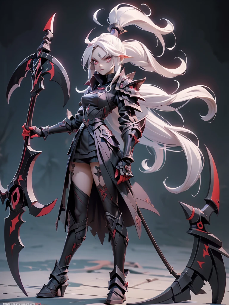 (((Masterpiece, best quality, 16k))) female character with long white hair and piercing red eyes. She wears a demonic armor in purple, black, and white.  wields a large, stylized scythe. The character has a menacing expression, with a chaotic environment as the background. ((full body front view)). ((slender)), (extremely detailed:1.5), (long white hair:1.2), (piercing red eyes:1.2), (chaotic environment:1.1), (demonic armor:1.3), (stylized scythe:1.3).