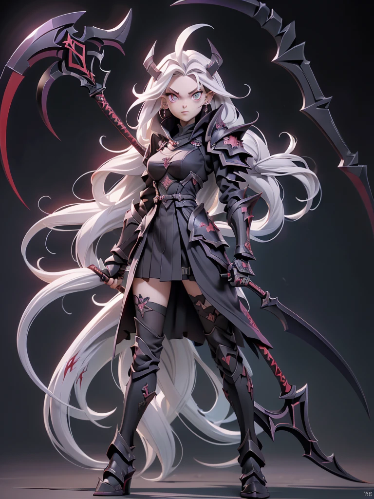  (((Masterpiece, best quality, 16k))) female character with long white hair and piercing red eyes. She wears a demonic armor in purple, black, and white.  wields a large, stylized scythe. The character has a menacing expression, with a chaotic environment as the background. ((full body front view)). ((slender)), (extremely detailed:1.5), (long white hair:1.2), (piercing red eyes:1.2), (chaotic environment:1.1), (demonic armor:1.3), (stylized scythe:1.3).