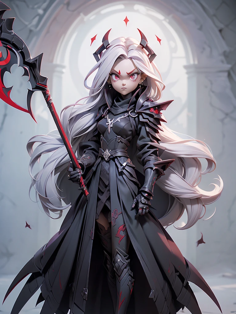  (((Masterpiece, best quality, 16k))) female character with long white hair and piercing red eyes. She wears a demonic armor in purple, black, and white.  wields a large, stylized scythe. The character has a menacing expression, with a chaotic environment as the background. ((full body front view)). ((slender)), (extremely detailed:1.5), (long white hair:1.2), (piercing red eyes:1.2), (chaotic environment:1.1), (demonic armor:1.3), (stylized scythe:1.3).