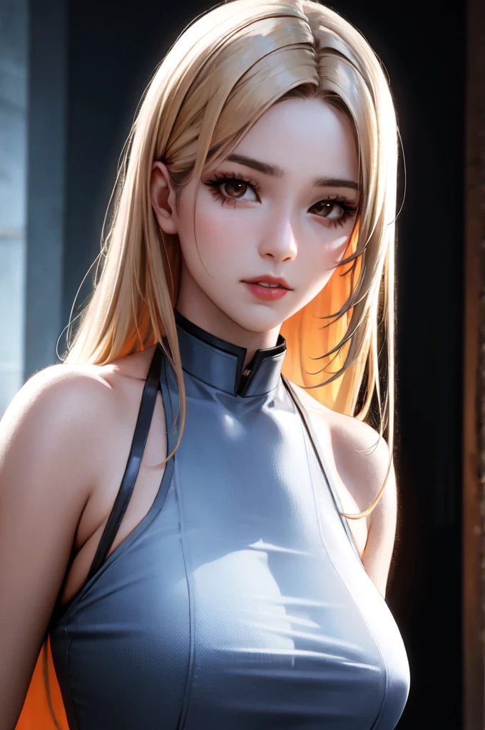 Jinah, a young Korean samurai woman in her twenties, possesses an imposing yet graceful presence. Her long hair, styled like that of a kunoichi, is platinum blonde. Her deep brown eyes, almost black, hold a wise and determined gleam. Her face is fine and well-defined, reminiscent of Korean K-pop idols. Her expression is serious but can soften in the presence of those she protects. Her skin is fair and pale. She has an athletic and well-proportioned physique, with a few pleasant feminine curves. She is dressed as an samurai without sexiness. Ambiance sombre by Yang J, Guweiz, (best quality, 4k, highres, masterpiece:1.2), ultra-detailed, (realistic, photorealistic:1.37), HDR, UHD, studio lighting, ultra-fine painting, sharp focus, physically-based rendering, extreme detail description, professional, vivid colors, bokeh, portraits, landscape, horror, anime, sci-fi, photography, concept artists, vibrant color tones, atmospheric lighting
