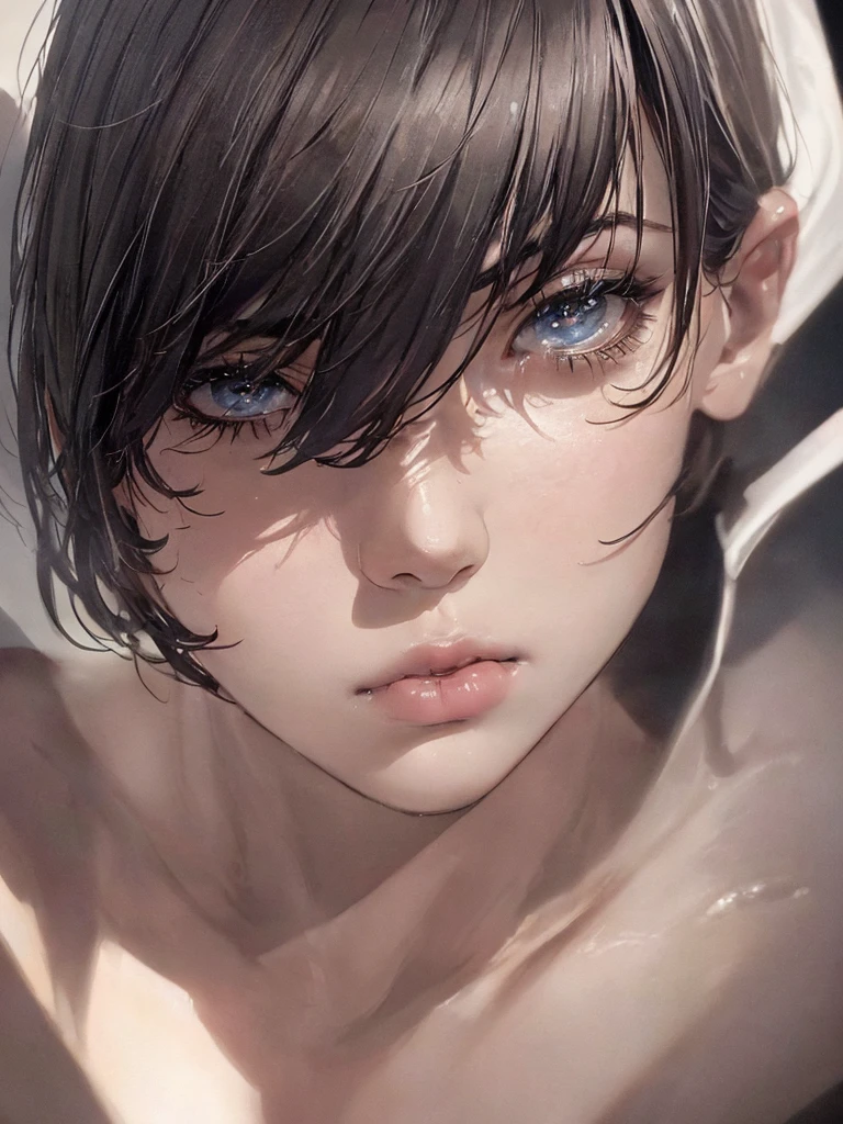 (Highest quality, Tabletop:1.2, Ultra-high resolution, Realistic:1.5), RAW Photos, One Girl, In the Dark, Deep Shadow, Low lighting, Cool tones, Captivating Gaze, short hair, Foggy atmosphere, Mysterious atmosphere, Subtle highlights, Dramatic contrast, Elegant pose, Intense emotions, Heavenly Beauty, enchanting darkness, Attractive expression